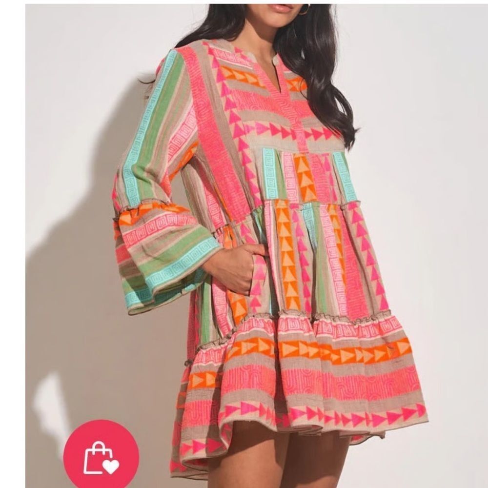 Elan Multi Neon print bell sleeve printed mini dress NWT